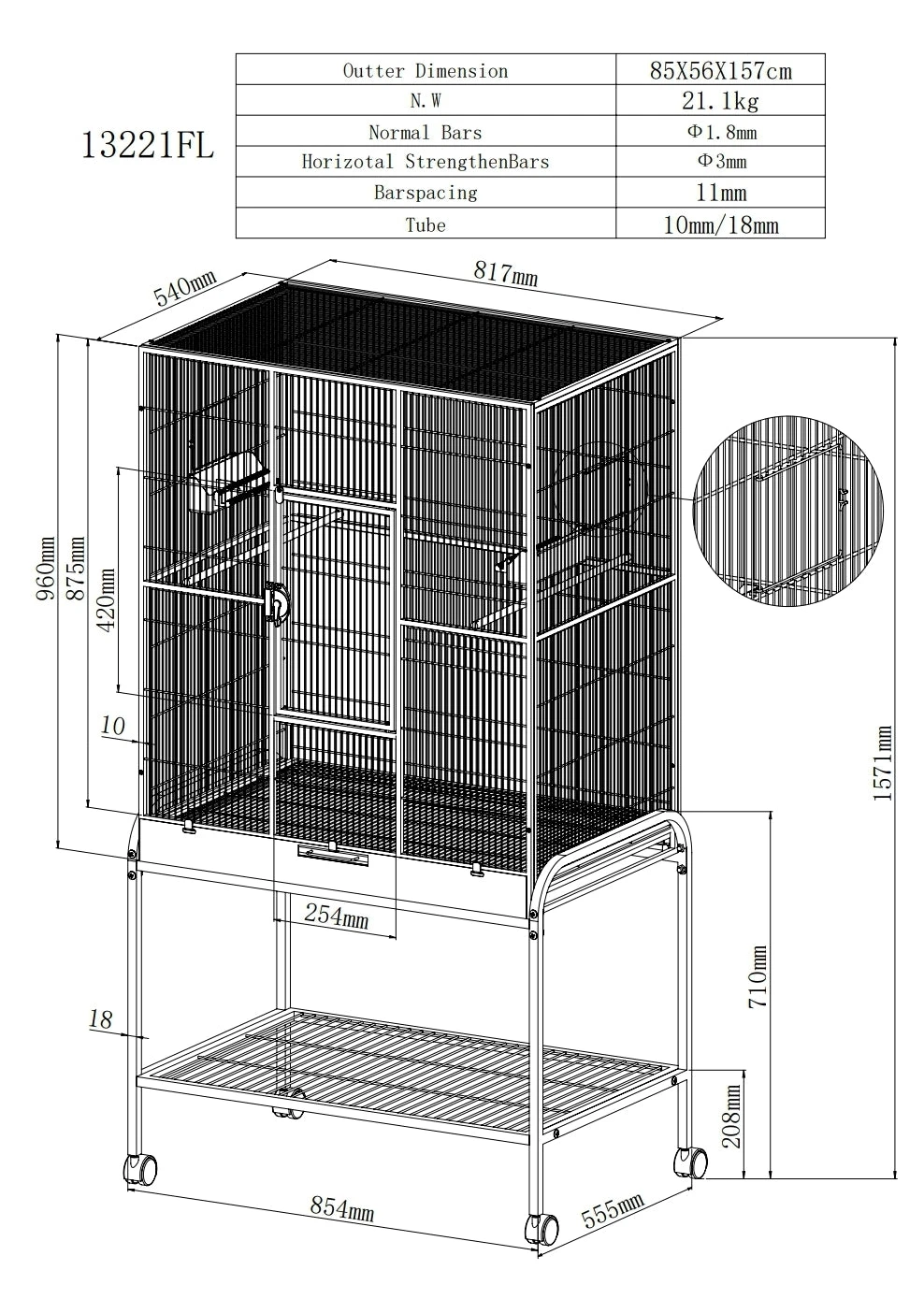 Kamer Volière Beige 86 X 54 X 157 Op Wielen 3 Kamer Volière Beige 86 X 54 X 157 Op Wielen - Afbeelding 3